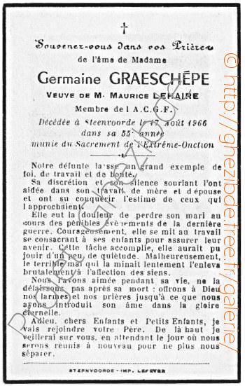 Germaine Graeschèpe veuve de Maurice Lehaire, décédée à Steenvoorde, le 17 Août 1966 (55ème année).